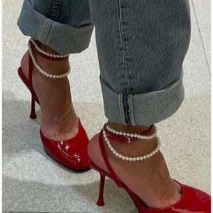 Red Patent Leather Heels with Pearl Anklets